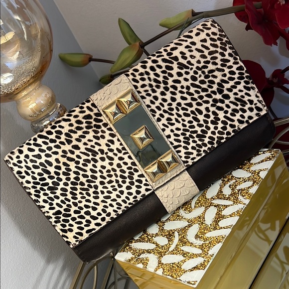 Vince Camuto Leather and Leopard Print Strapless Clutch with Gold Accents - Picture 1 of 9
